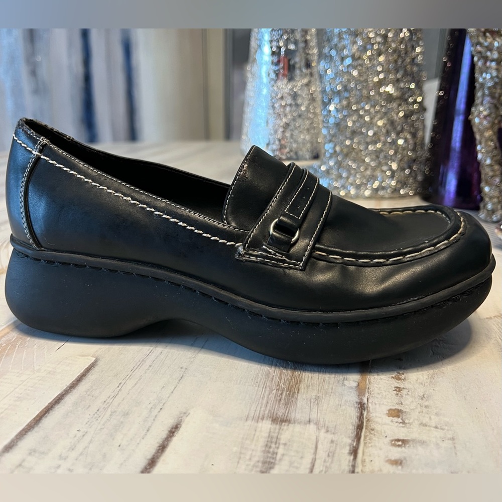 Lower East Side Vintage Y2K 90s Black Leather Chunky Platform Heel Loafers 7.5